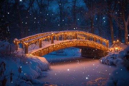 Snow falling on a small wooden bridge decorated with Christmas lights over a frozen river at nightの素材