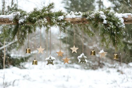 Wooden stars and golden bells decorate a snowy pine branch, creating a festive scene in a winter forestの素材