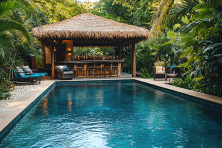 Serene oasis awaits at this luxurious tropical hotel, featuring a refreshing swimming pool and a charming tiki bar nestled amidst lush greeneryの素材