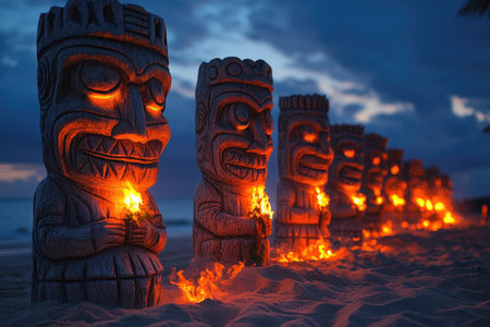 Several large carved tiki masks with glowing eyes are lined up on a beach in Hawaii at twilightの素材