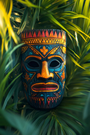 Traditional Polynesian tiki mask resting on lush tropical foliage, evoking a sense of mystery and ancient ritualsの素材
