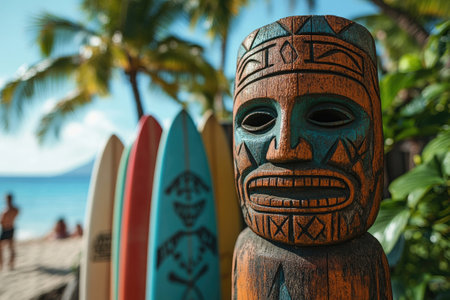 Wooden tiki statue standing on a beach with surfboards and palm trees, representing Polynesian culture and the surfing lifestyleの素材