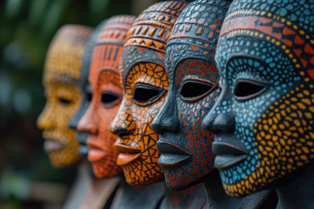 Row of vibrant African masks showcasing traditional art and cultural heritageの素材