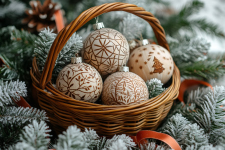 Wooden christmas ornaments with festive designs rest in a wicker basket nestled amongst snowy pine branches, creating a cozy holiday sceneの素材