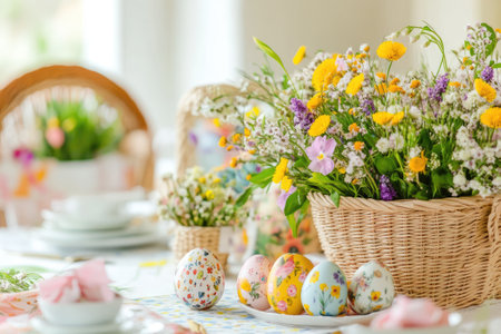 Easter eggs and spring flowers create a beautiful centerpiece for a festive table settingの素材