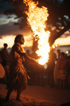 Male fire dancer performing a traditional Polynesian show at sunset on a tropical beachの素材