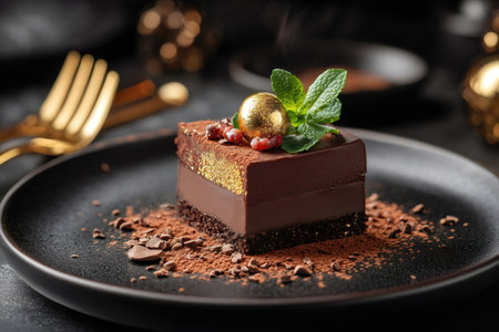 Slice of rich, dark chocolate dessert sits on a black plate, garnished with edible gold, fresh mint, and cocoa powderの素材