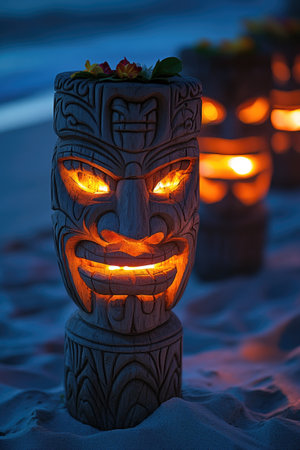 Tiki torches are standing on a beach at dusk, creating a warm and inviting atmosphereの素材