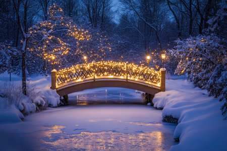 Christmas lights decorating bridge crossing frozen river in snowy winter park at nightの素材