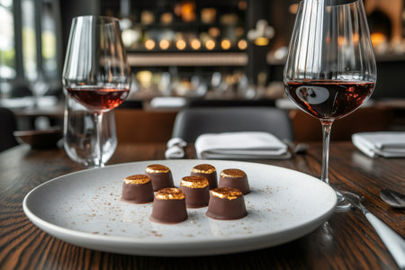 Chocolate candies topped with edible gold flakes are served on a plate next to glasses of red wine in a restaurantの素材