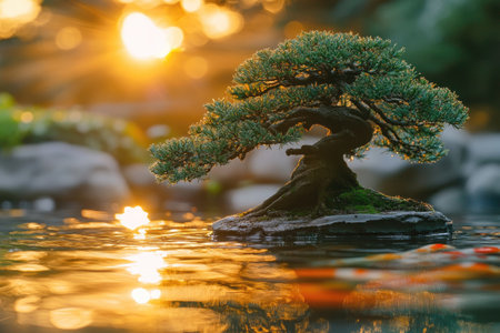 Miniature bonsai tree growing on a rock in a pond at sunset with koi fish swimming below, creating a tranquil sceneの素材