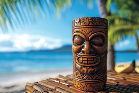 Wooden tiki mug standing on bamboo table with blurred tropical beach in backgroundの素材