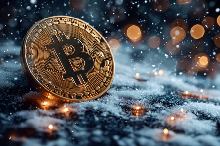 Bitcoin rests on snow with falling snowflakes and christmas lights, symbolizing the cryptocurrency's resilience and festive adoptionの素材
