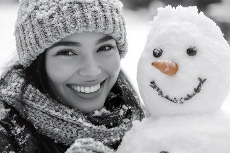Happy woman making a snowman and enjoying winter holidaysの素材