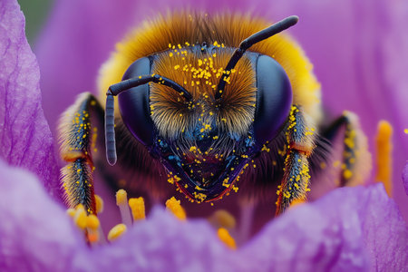 Close-up of a bumblebee collecting pollen on a vibrant purple flower, showcasing the intricate details of nature's beautyの素材