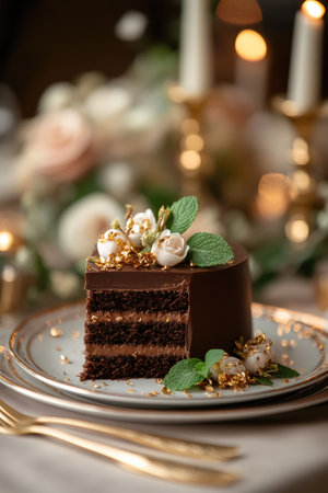 Slice of rich chocolate cake, adorned with delicate flowers, gold flakes, and mint leaves, sits on an elegant plate, ready to be enjoyedの素材