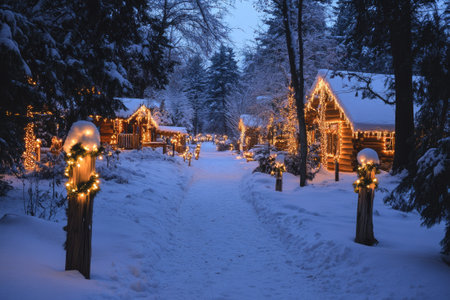 Wooden cabins decorated with Christmas lights along a snow-covered path at twilight, creating a magical winter wonderlandの素材