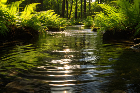 Sunlight creates starburst reflections on the surface of a stream flowing through lush ferns in a tranquil forestの素材