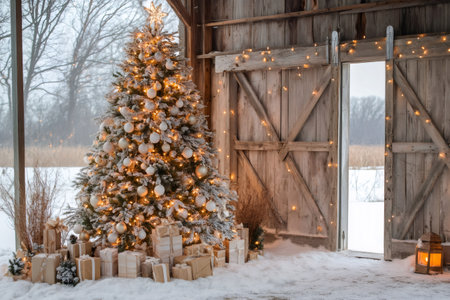 Decorated christmas tree with presents underneath, placed in rustic barn with open doors looking out onto a snowy winter landscapeの素材