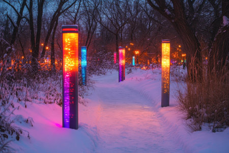 Magical atmosphere in snowy park at night with colorful illuminated poles lighting the pathの素材