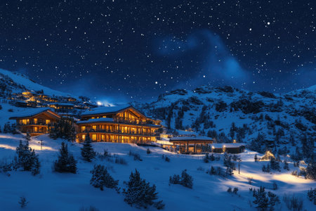 Illuminated wooden chalets create a magical atmosphere in a snowy mountain landscape under a starry night skyの素材