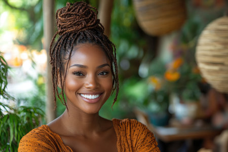 Beautiful smiling black woman with braided hair and perfect white teeth posing near tropical plantsの素材