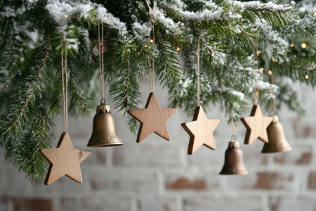 Wooden stars and golden bells hanging on snowy Christmas tree branches create a festive atmosphereの素材