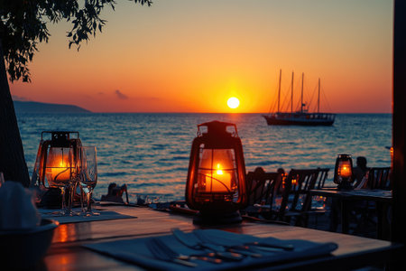 Romantic table setting with lanterns during a beautiful sunset by the sea, creating a magical atmosphere for a memorable dinnerの素材