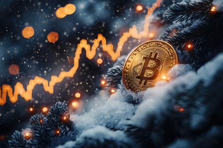 Golden bitcoin coin is lying on snow near christmas tree branch with lights and raising graph in background during snowfallの素材