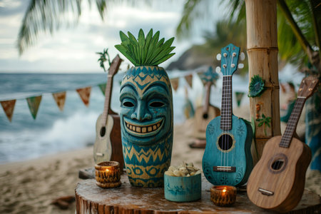 Hawaiian tiki mask and ukuleles set a relaxing tropical scene on a beautiful beachの素材