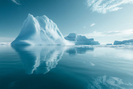 Icebergs are floating in calm waters reflecting the sky on a sunny day in Greenlandの素材