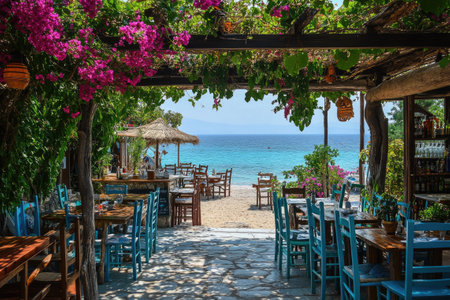 Charming seaside tavern with turquoise water and bougainvillea flowers creating an idyllic dining atmosphereの素材