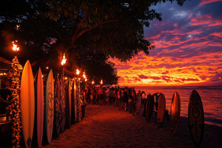 Tourists enjoying a vibrant Hawaiian sunset at a beach bar decorated with surfboards and tiki torchesの素材