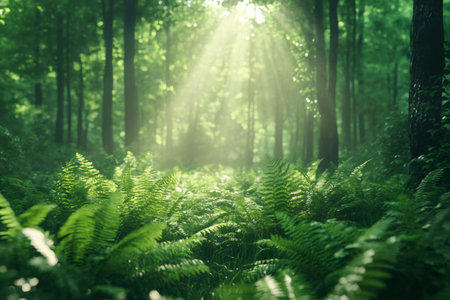 Beautiful sunbeams illuminating lush green ferns growing on the forest floorの素材