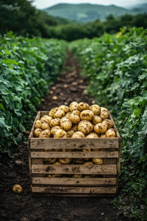 Wooden crate overflowing with freshly harvested potatoes sits between rows of potato plants in a farm fieldの素材