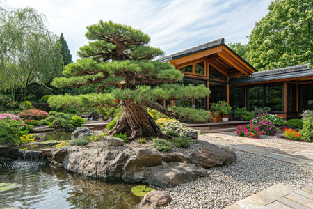 Lush Japanese garden featuring a pond, bonsai tree, rocks, wooden house, and colorful flowers, creating a serene and tranquil atmosphereの素材