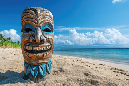 Hand-carved wooden tiki statues standing on a sandy beach in Hawaii, representing Polynesian culture and mythologyの素材