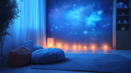 Poufs and candles creating a cozy atmosphere in a modern children's bedroom with starry night wallpaperの素材