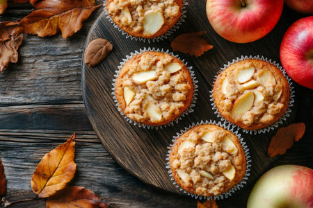 Freshly baked apple crumble muffins are served on a wooden tray alongside ripe apples and autumn leaves, creating a cozy fall sceneの素材