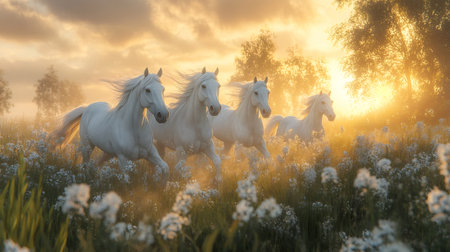 Four white horses running through a field of flowers at sunrise, creating a beautiful and serene sceneの素材