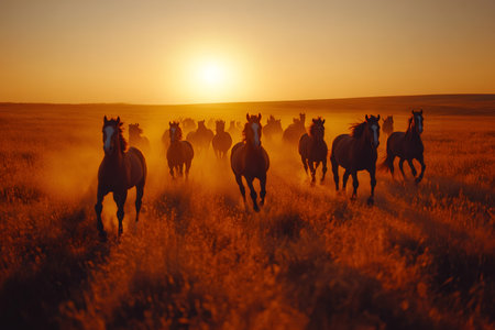Herd of horses galloping in a dusty field with the setting sun in the backgroundの素材