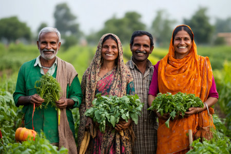 Group of smiling Indian farmers proudly displaying their harvest of fresh vegetables in a vibrant green fieldの素材