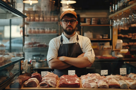 Butcher proudly standing with arms crossed behind a counter displaying various cuts of fresh meat in his butchery shopの素材