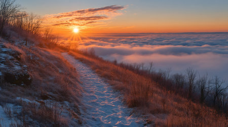 Scenic winter sunrise over a vast sea of clouds, viewed from a snowy mountain trailの素材