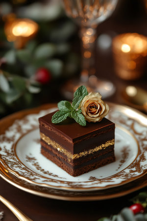 Chocolate cake decorated with gold leaf, rose and mint on a plate, ready for a Christmas dinner partyの素材
