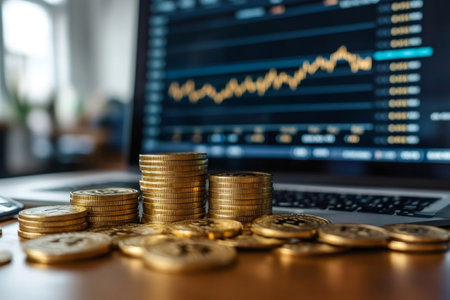 Stacks of golden bitcoin cryptocurrency coins in front of a laptop showing increasing profits on a trading chartの素材