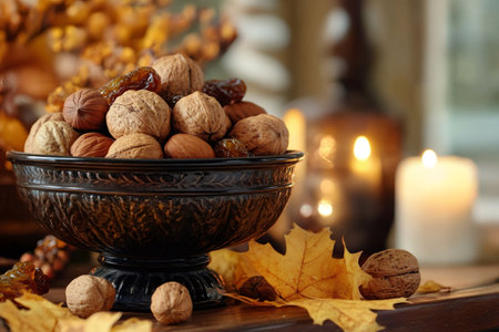 Walnuts, hazelnuts and raisins overflowing a decorative bowl during autumn, creating a cozy and inviting atmosphereの素材