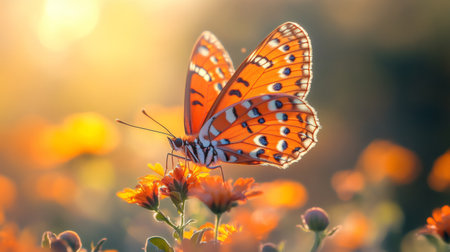 Beautiful orange butterfly with black stripes and white spots feeding on a bright orange flower during a golden sunsetの素材