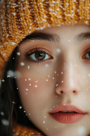 Close-up portrait of young woman wearing orange knitted beanie hat, enjoying the first snowflakes of winterの素材