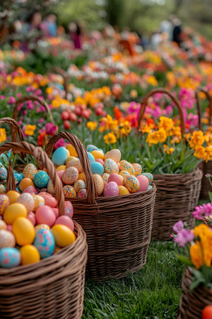 Wicker baskets filled with colorful Easter eggs sit in a vibrant flower garden, creating a festive spring sceneの素材